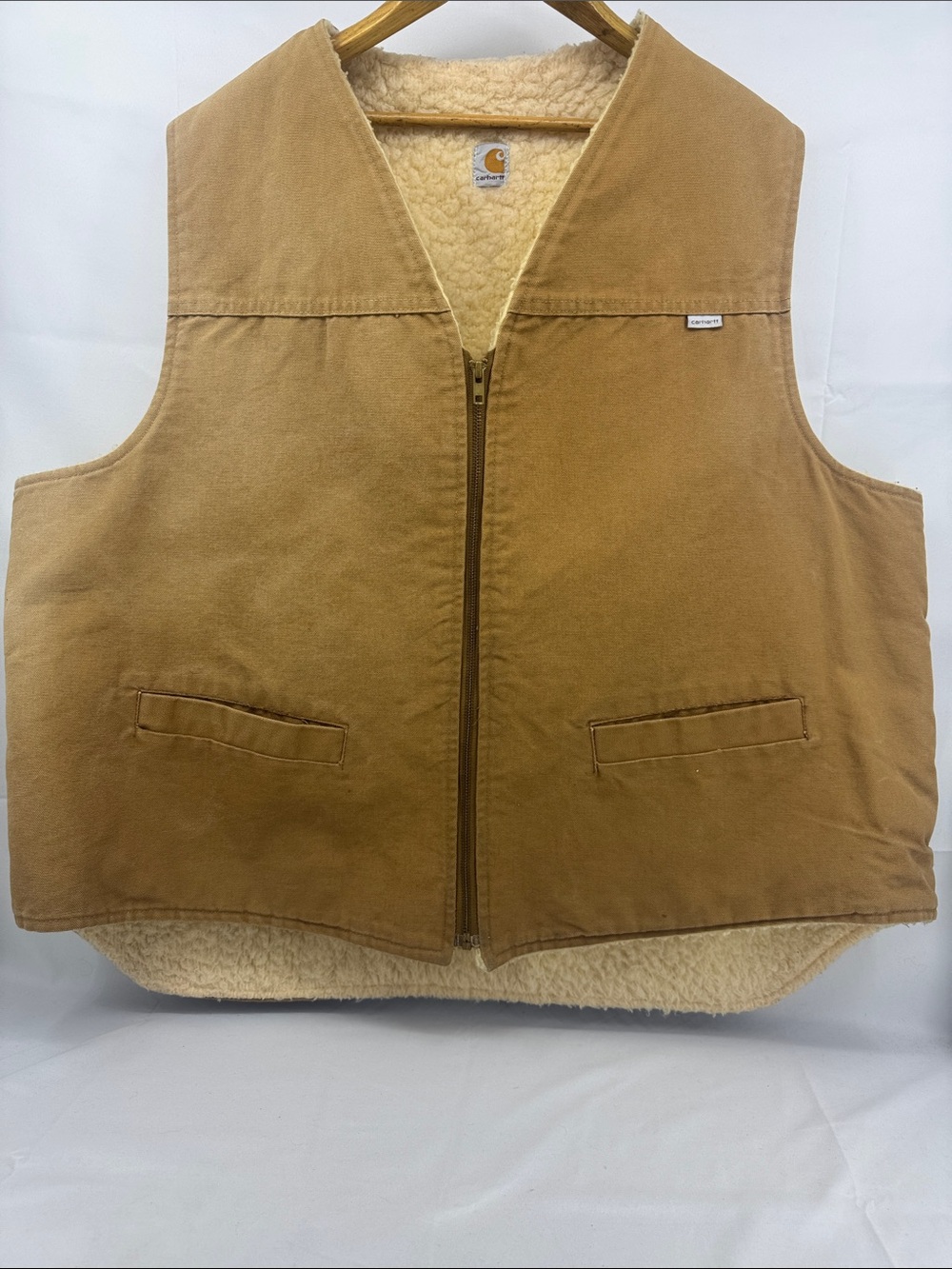 Vintage Carhartt Mens Sherpa-Lined Canvas Work Vest in Tan / Duck Brown, XXXLT